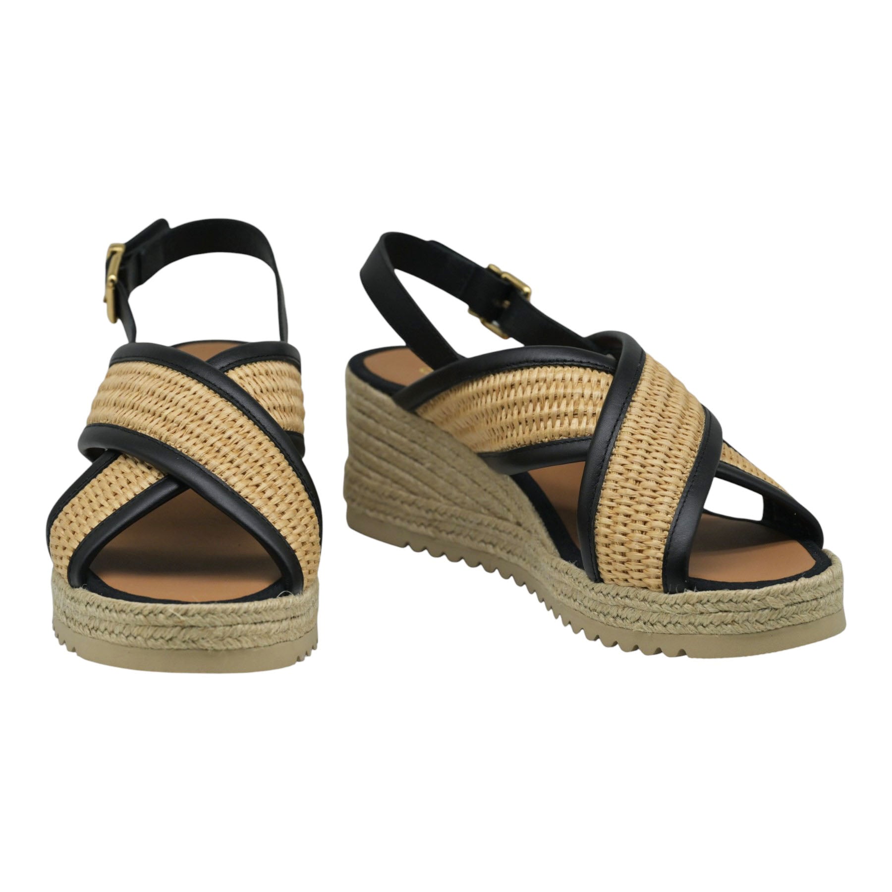 Casteller 991 Πλατφόρμες Slingback με Πλέξη Raffia - Μπέζ με Μαύρο