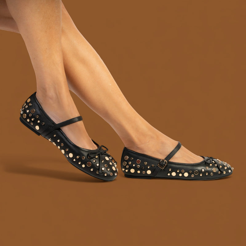 Alma en Pena 196 Μπαλαρίνες Mary Jane με Μεταλλικά Στοιχεία - Μαύρο Δέρμα