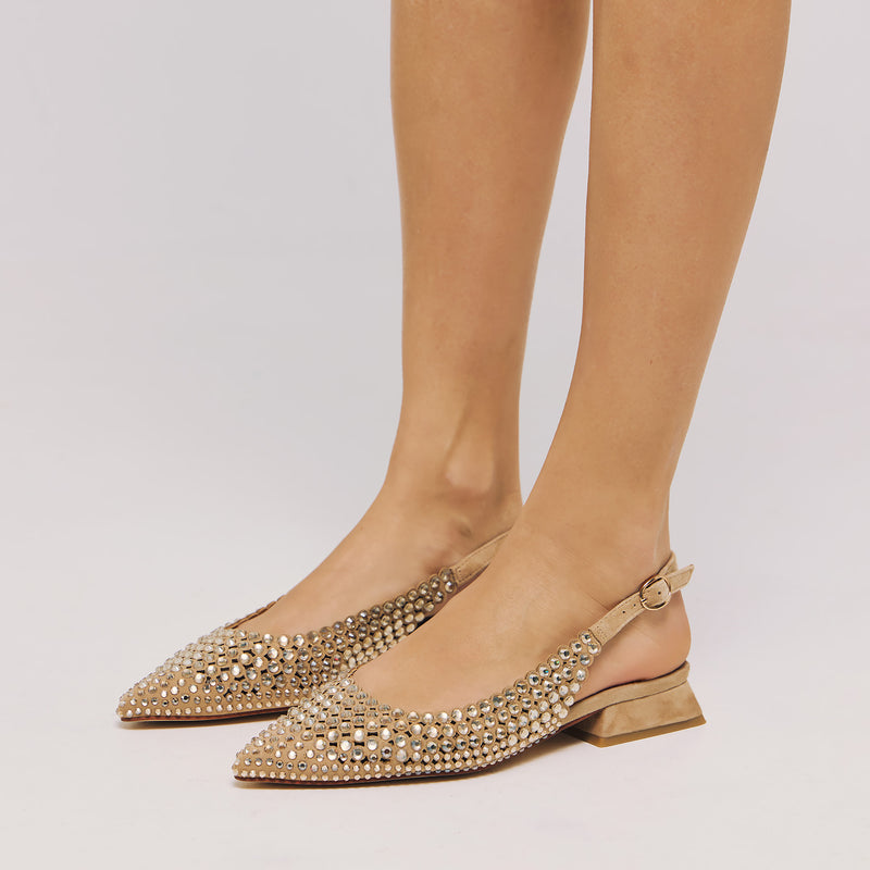 Slingback Μυτερές Μπαλαρίνες με Στρας - Sand