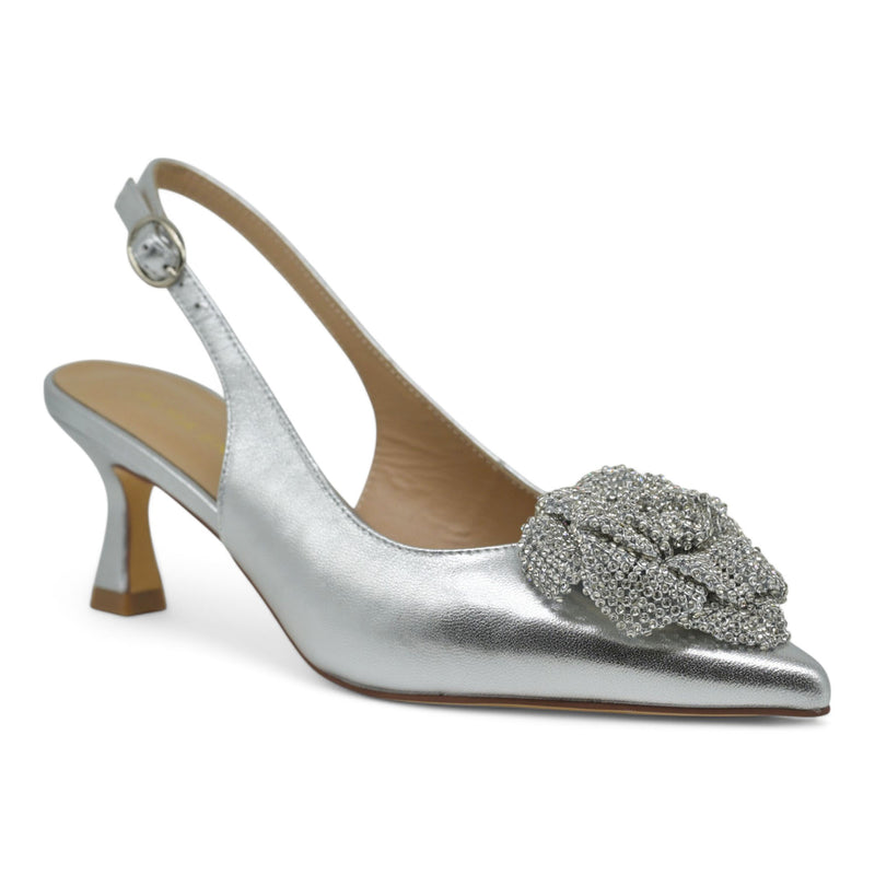Alma en Pena 665 Slingback Μυτερές Γόβες με Λουλούδι Στρας - Ασημί