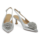 Alma en Pena 665 Slingback Μυτερές Γόβες με Λουλούδι Στρας - Ασημί