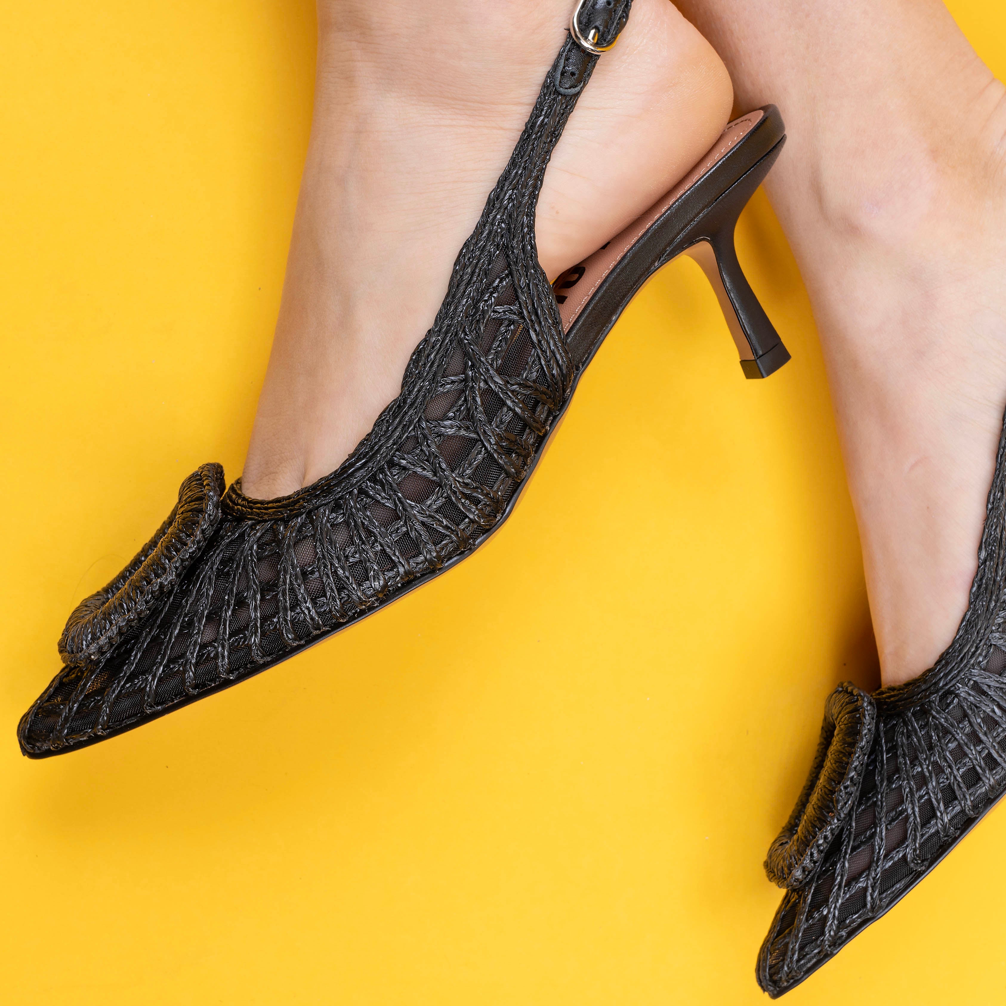 Γόβες Slingback με Ψάθα και Τόκα - Μαύρες