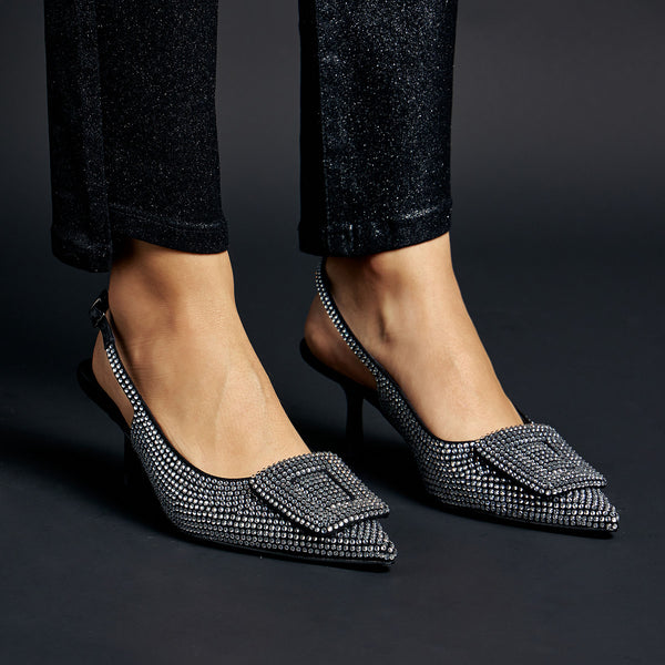 Bibi Lou 711 Γόβες Slingback με Στρας - Μαύρο/Ασημί