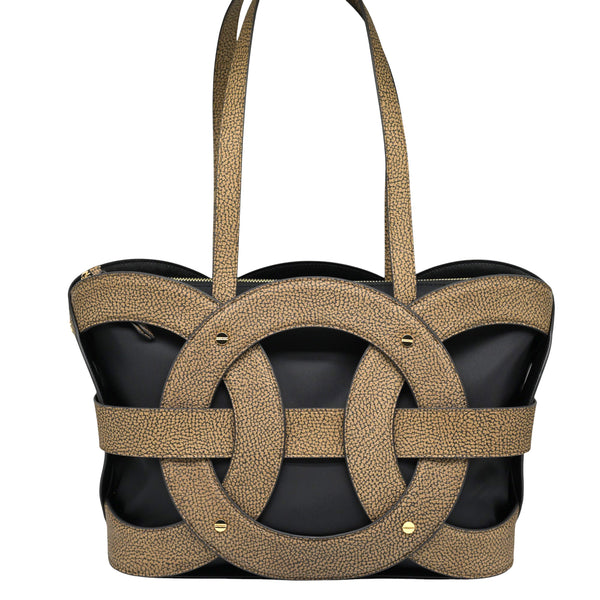 Borbonese 91010052 Δερμάτινη Τσάντα Shopper - Μαύρο με Μπεζ