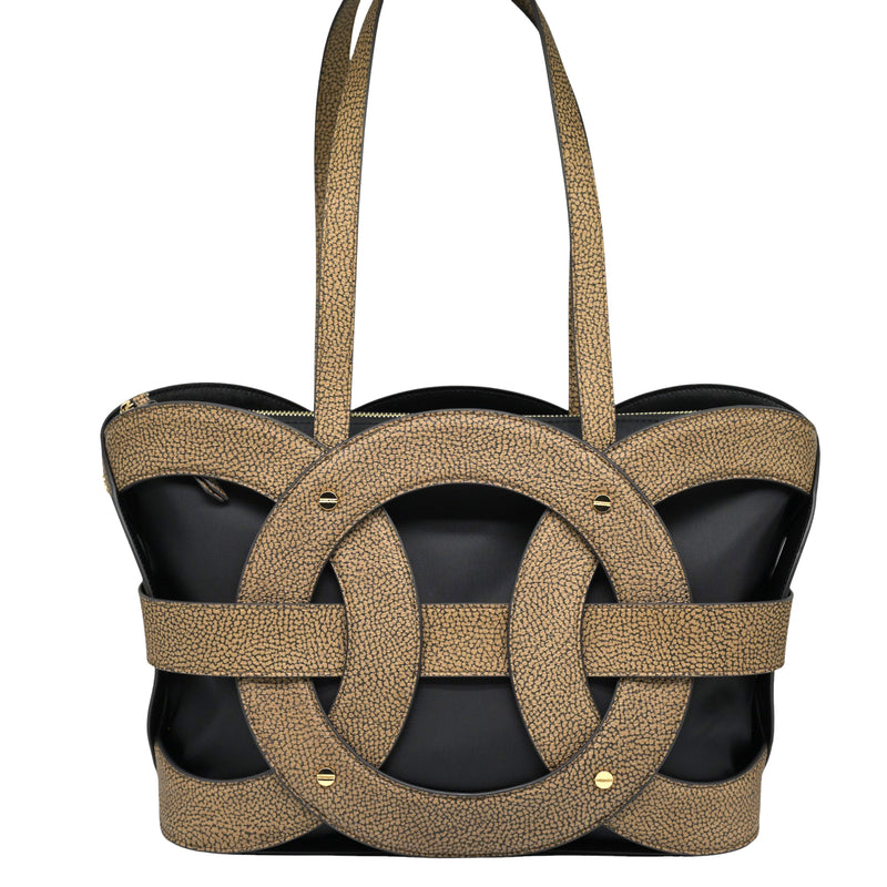Borbonese 91010052 Δερμάτινη Τσάντα Shopper - Μαύρο με Μπεζ