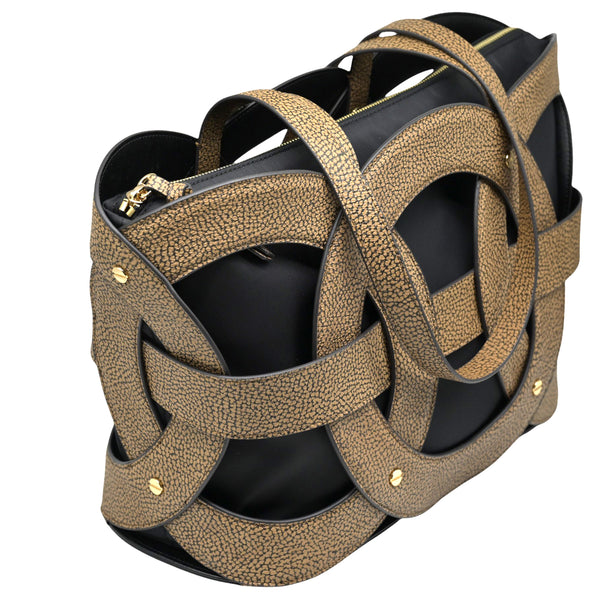 Borbonese 91010052 Δερμάτινη Τσάντα Shopper - Μαύρο με Μπεζ