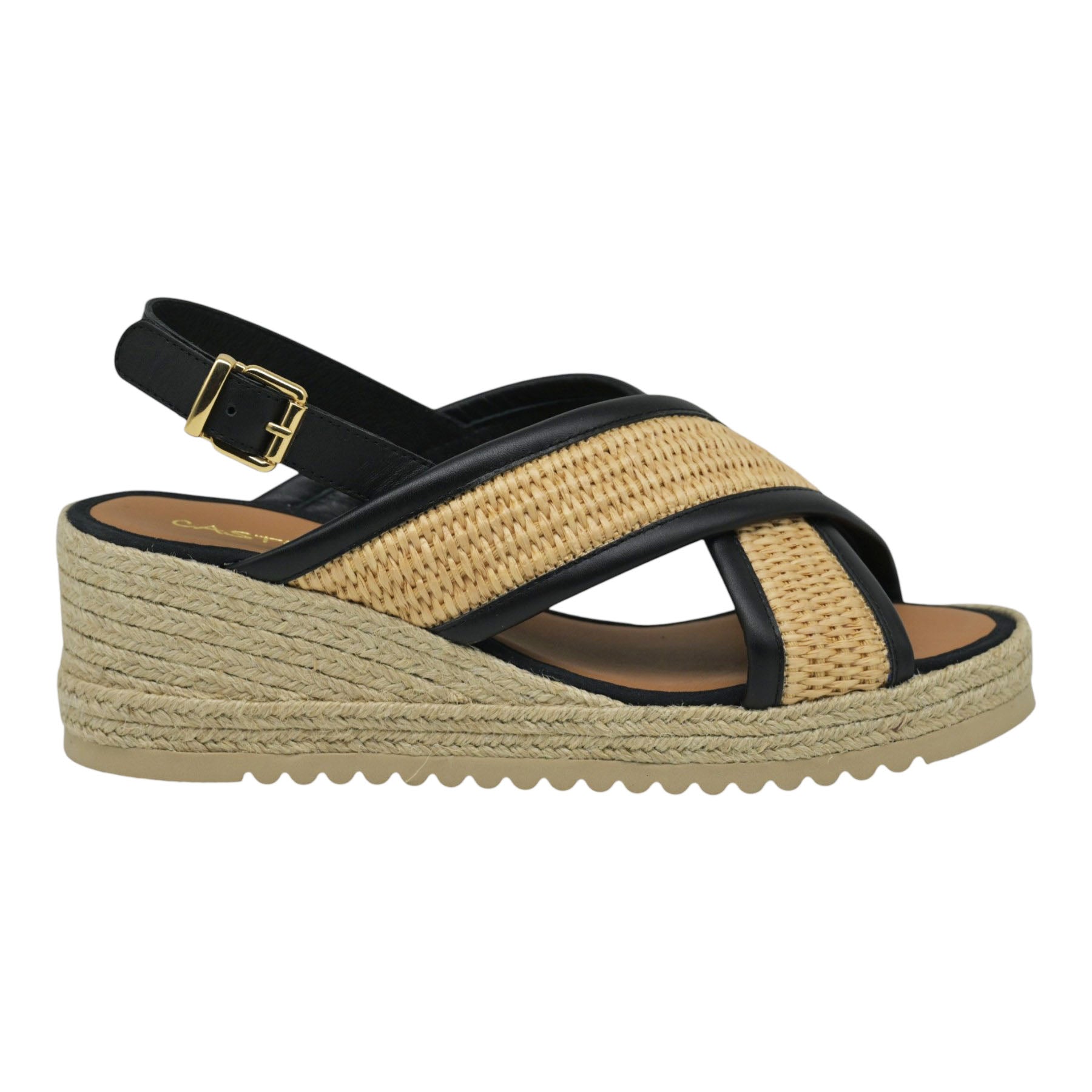Casteller 991 Πλατφόρμες Slingback με Πλέξη Raffia - Μπεζ με Μαύρο