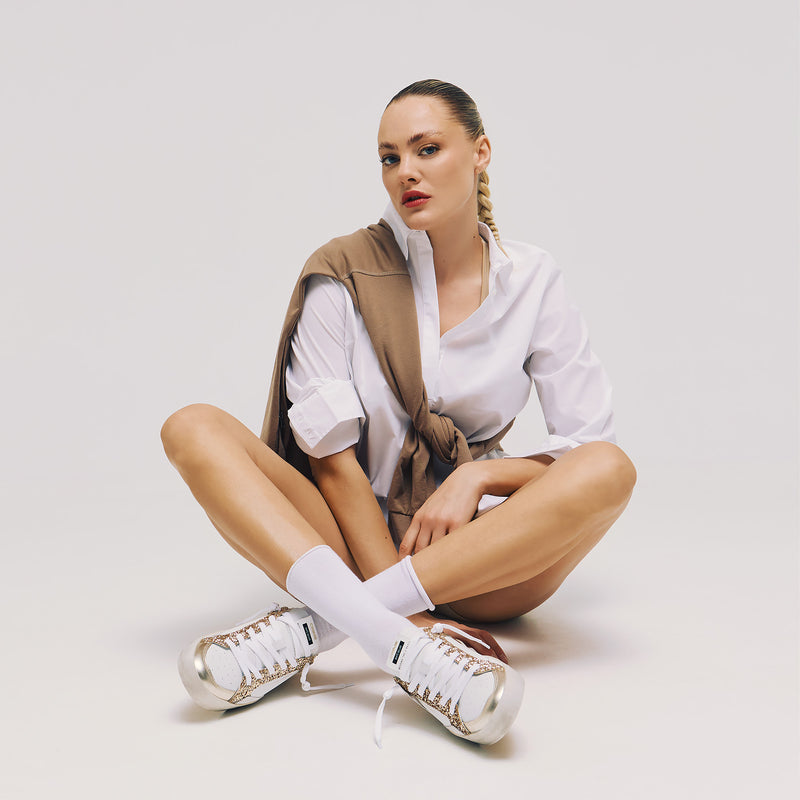 Crime 27107 Sneakers Δερμάτινα με Glitter - Άσπρο με Χρυσό