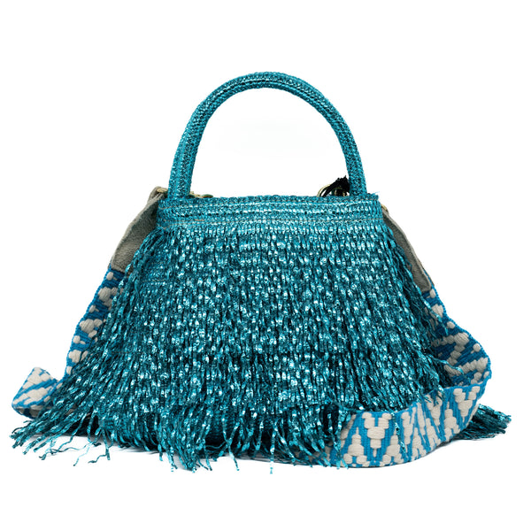 ViaMailBag Mini Τσάντα Raffia με Κρόσσια και Ιμάντα - Τιρκουάζ