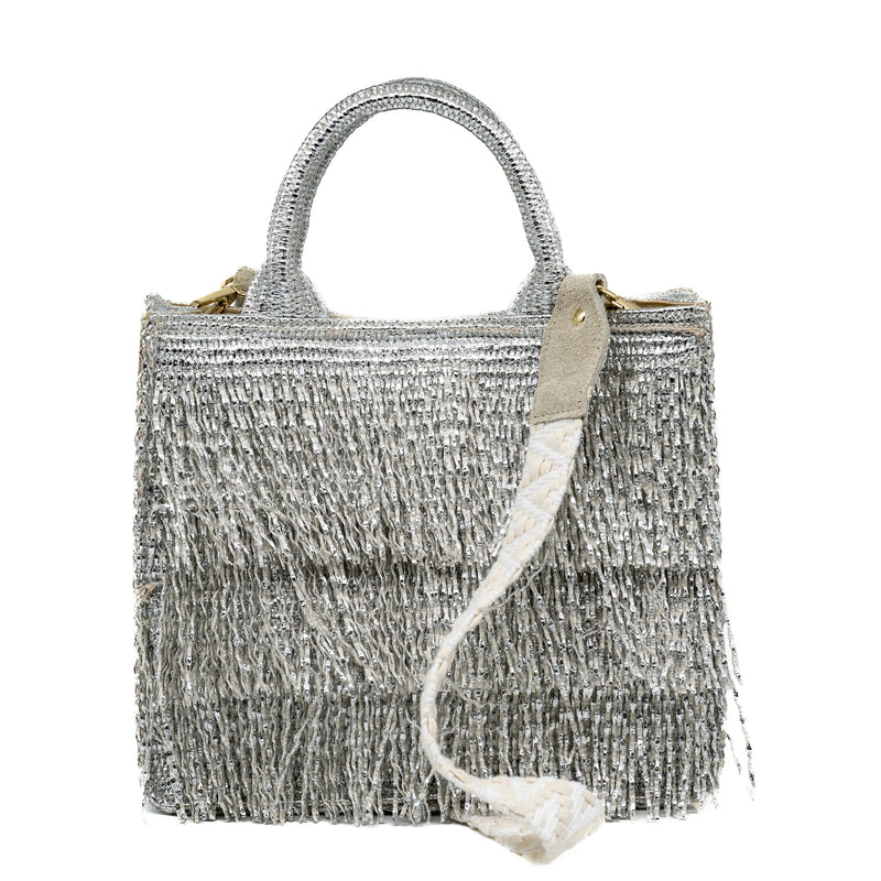 ViaMailBag Τσάντα Raffia με Κρόσσια και Ιμάντα - Ασημί