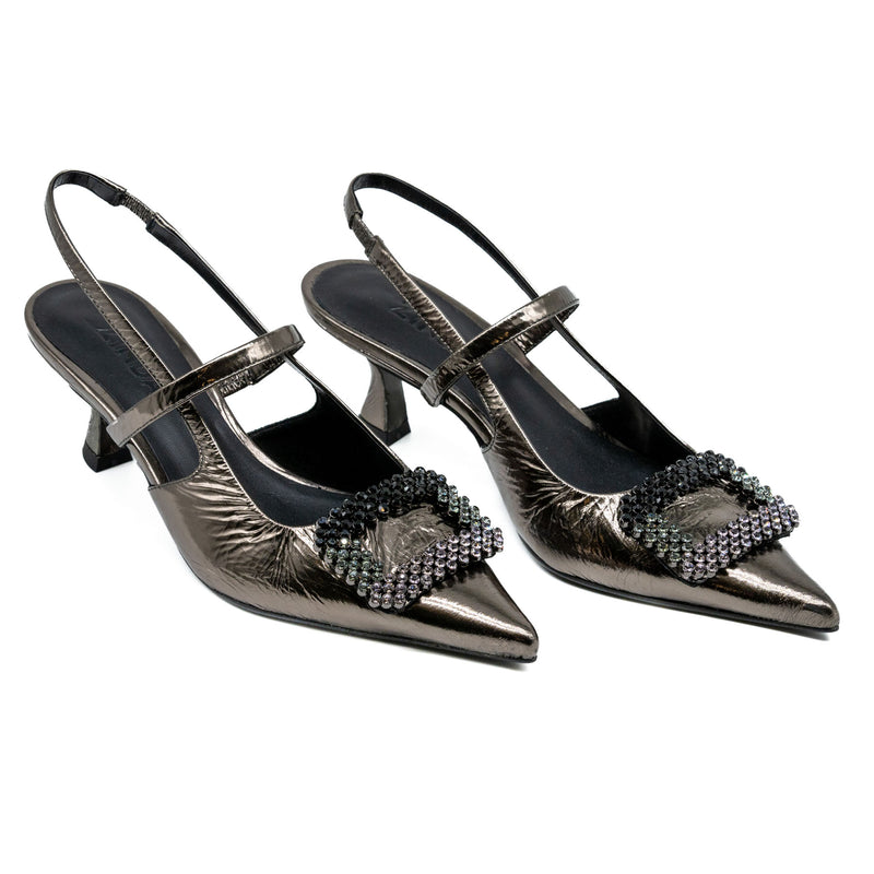 Zinda 2858 Slingback Μυτερές Γόβες με Στρασένια Τόκα - Pewter