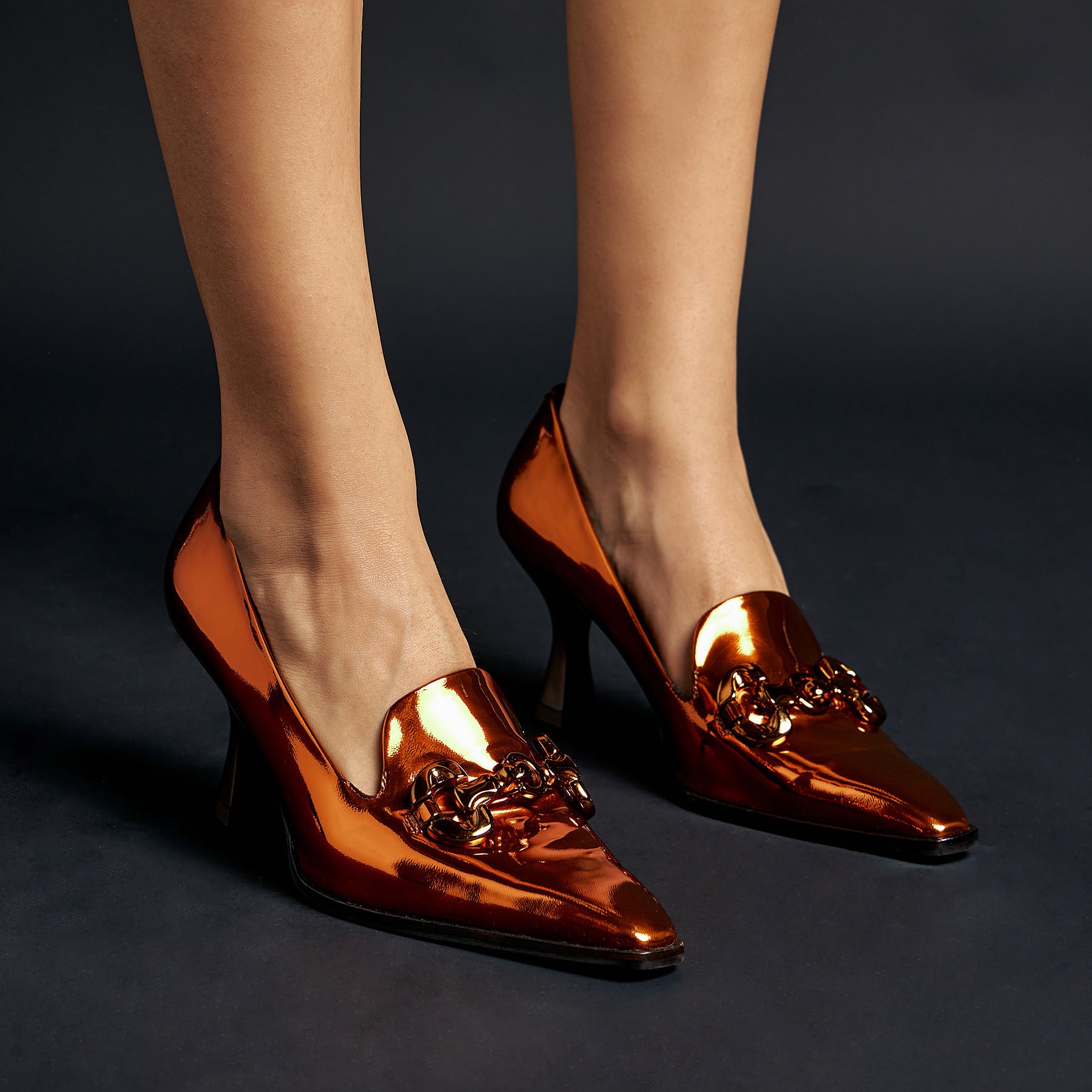 Zinda 2507 Γόβες Μοκασίνια με Τακούνι Καμπάνα - Πορτοκαλί Μεταλλικό